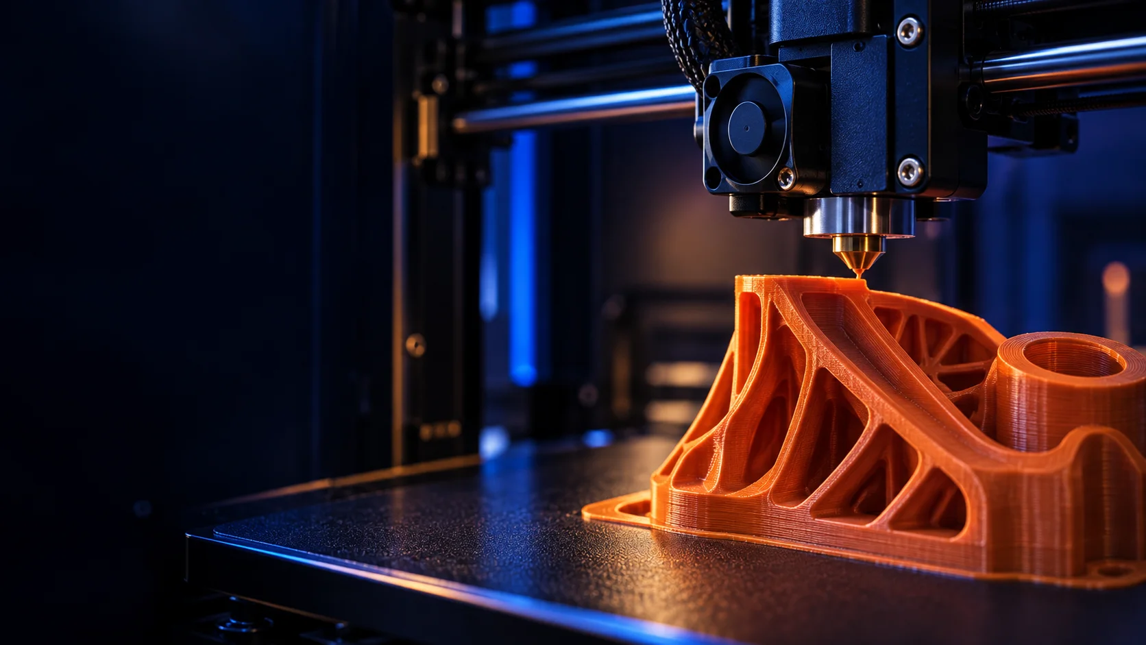 A desktop printer building an orange functional bracket, layer by layer